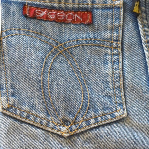 Vtg 70s Denim Blue Jeans Patchwork Crazy Quilt Pockets Labels Butterfly F/Queen - Picture 7 of 16